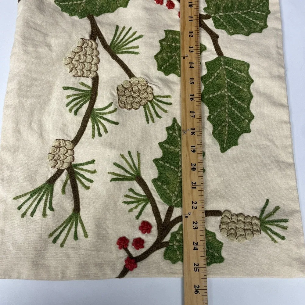Pottery Barn Pinecone Holly Lumbar Pillow Cover 16x26 Cream Embroidered